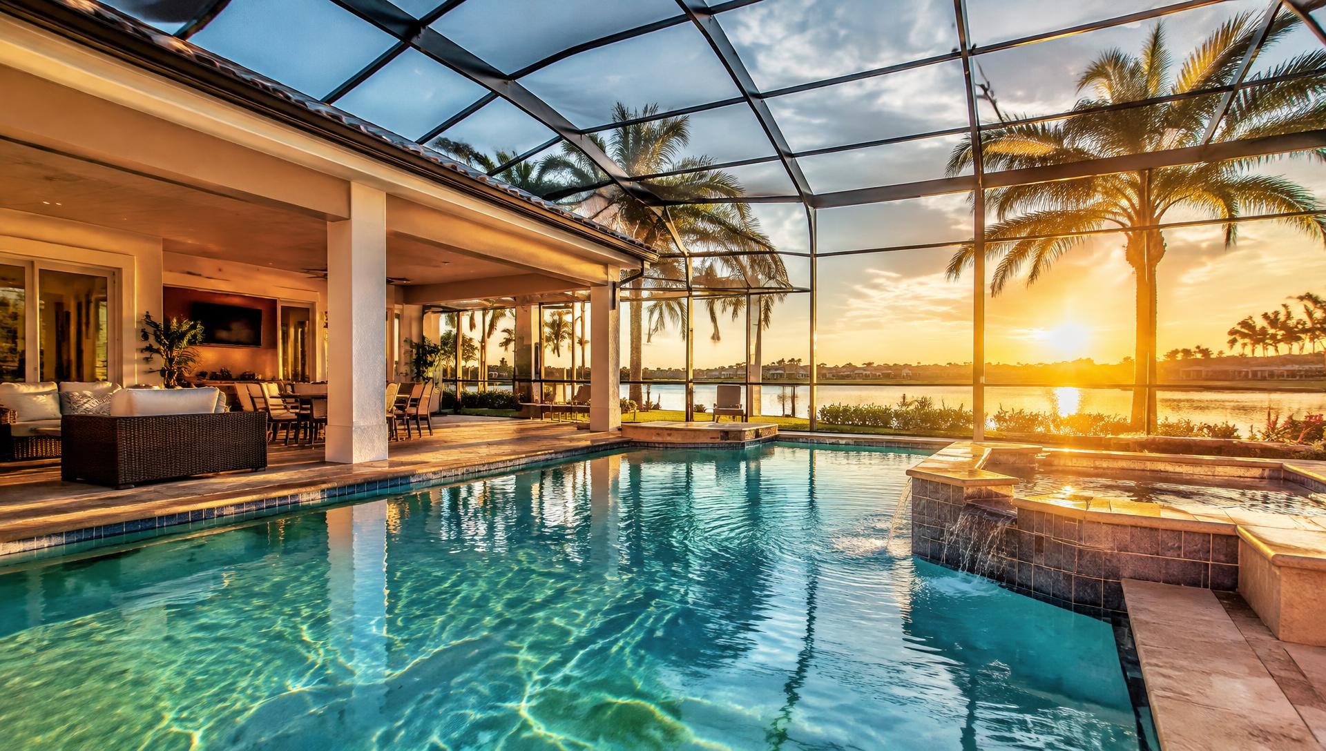 Screened pool at sunset in Palm Coast